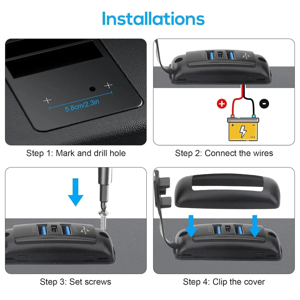 3-Ports Car Charger Socket Dual USB PD QC3.0 Port Quick Charge Adapter Waterproof for Truck Marine Motorcycle Car Accessories