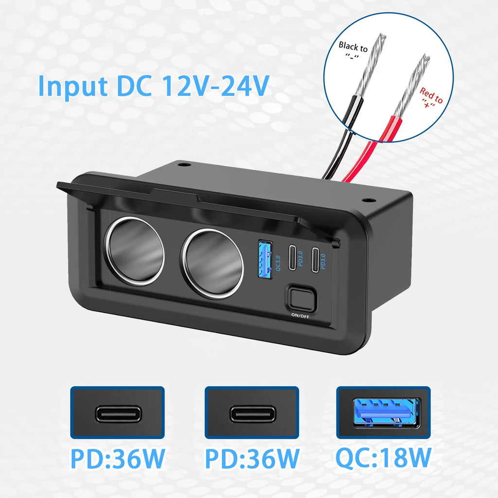 12V 3 Port Car Cigarette Lighter Socket Dual PD3.0 USB Outlet Car Charger Port with ON-OFF Switch for Marine Bus Boat Marine RV