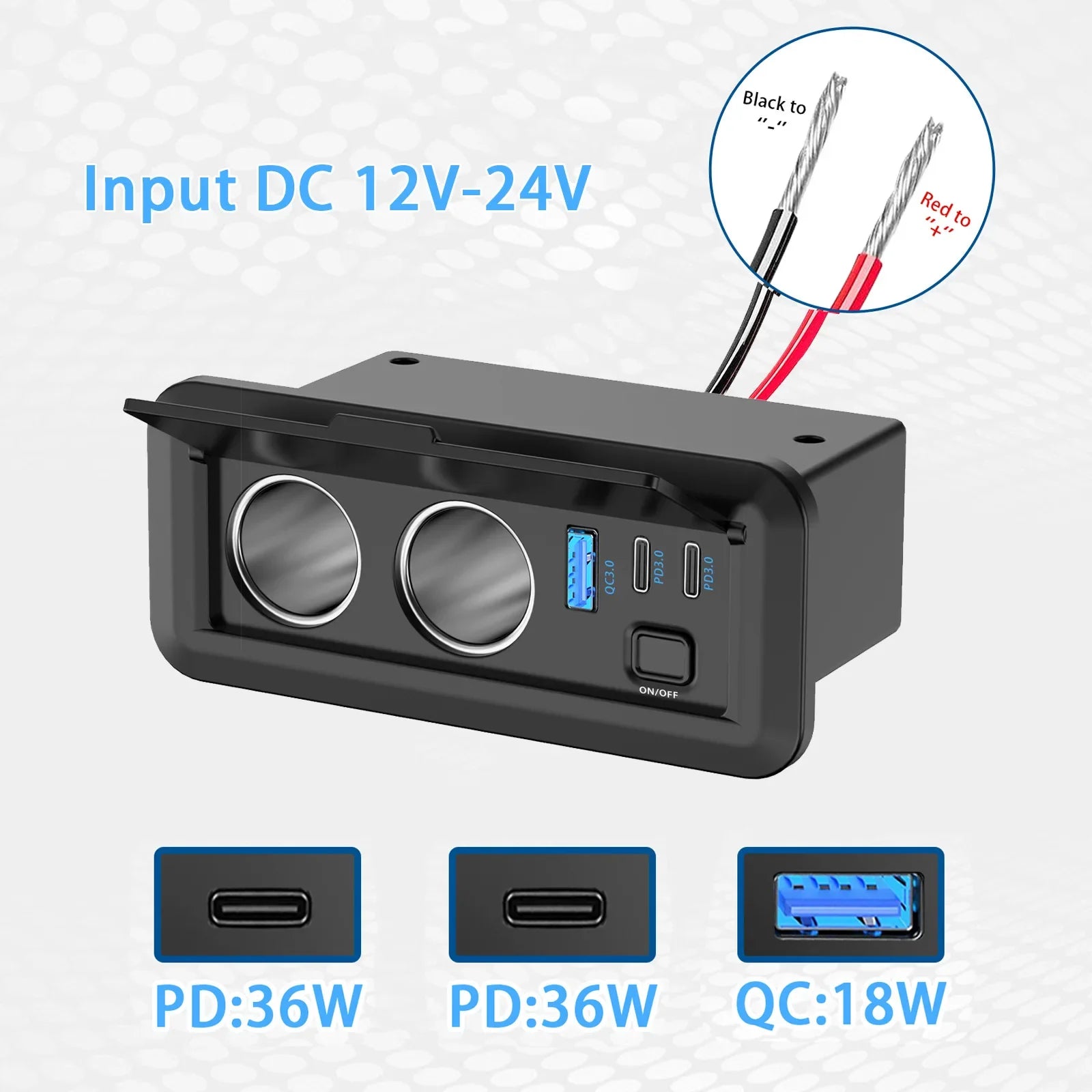 12V 3 Port Car Cigarette Lighter Socket Dual PD3.0 USB Outlet Car Charger Port with ON-OFF Switch for Marine Bus Boat Marine RV