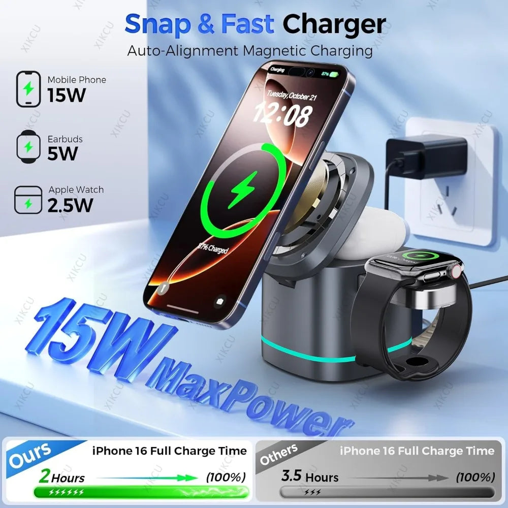 3 IN 1 15W Magnetic Wireless Charger Stand For Magsafe iPhone 17 16 Pro Max 15 14 13 12 Apple Watch 11 Airpods Pro Fast Charging