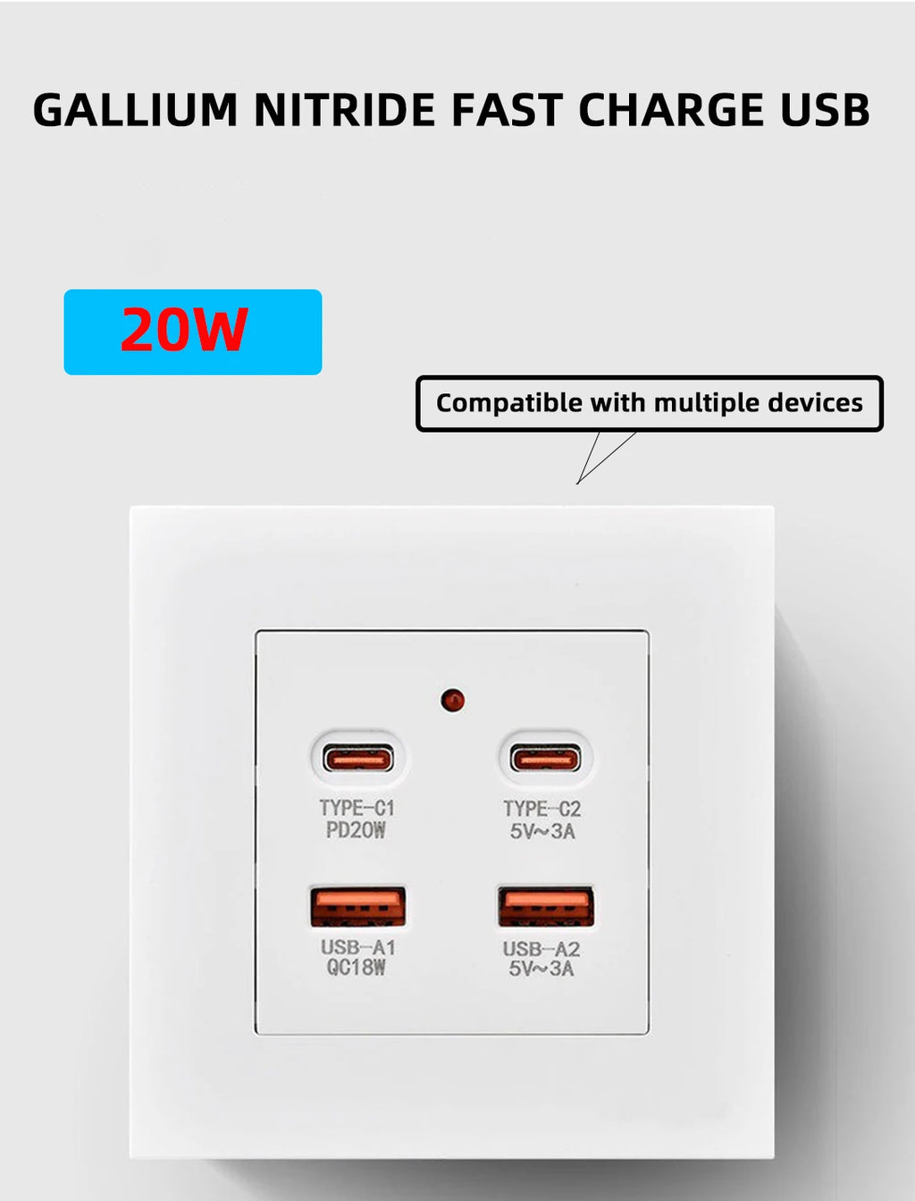 White universal wall USB C socket, 20W type-c 4 port 18W USB plug adapter socket, wall mount EU 220 volt power socket
