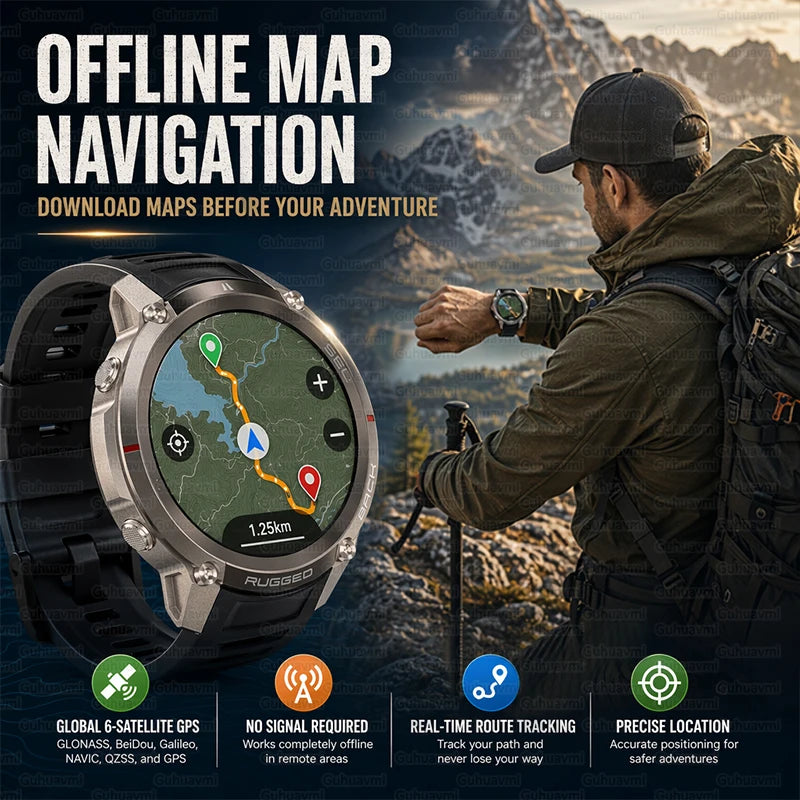 Outdoor Tactical GPS Smart Watch Offine Map Compass Heart Rate Monitor Fitness Tracker 5ATM Waterproof Adventure Sports Watches