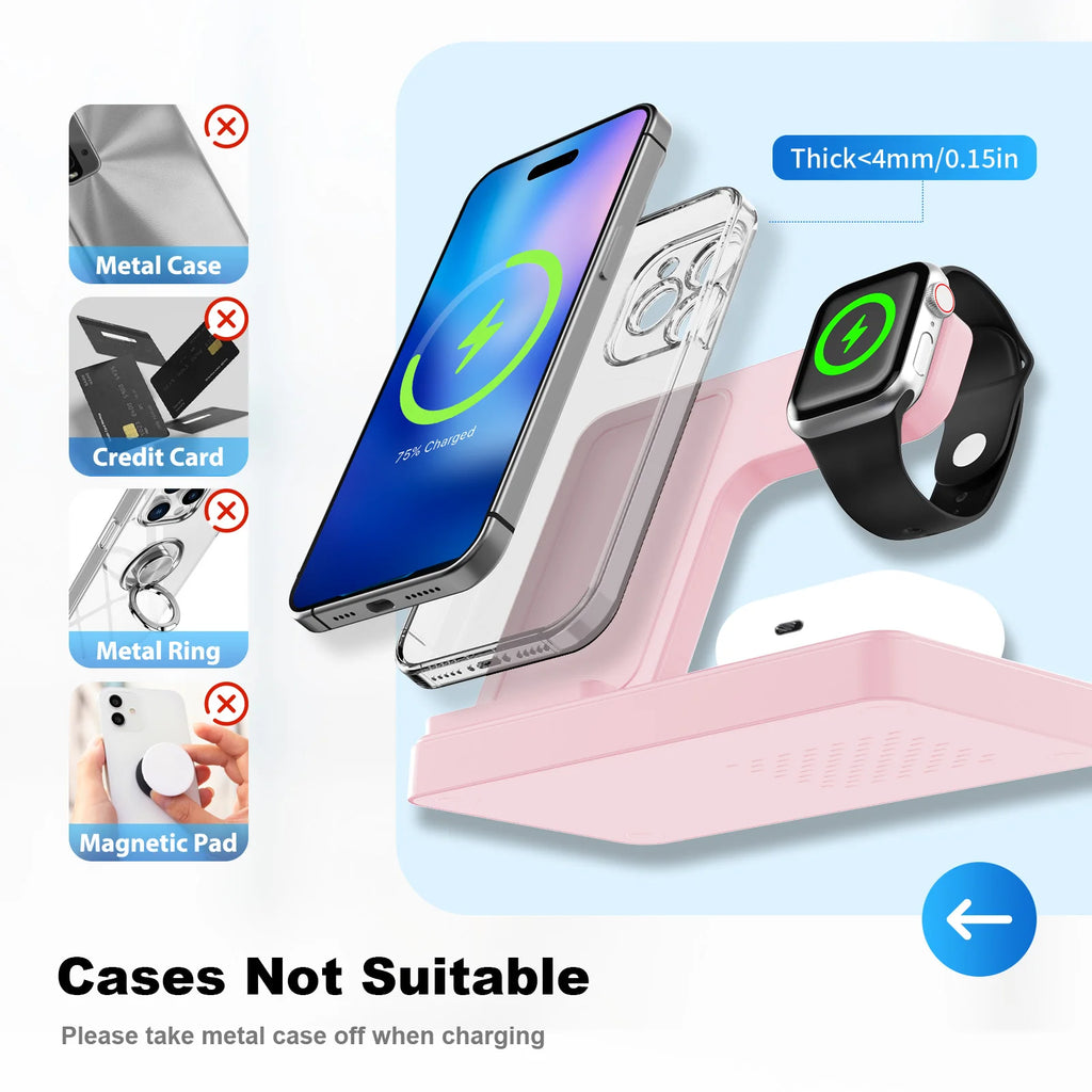 3 In 1 Magnetic Wireless Charger Stand 15W Fast Charging Dock Station Multiple Devices for iPhone 15 14 13 8 Apple Watch Airpods