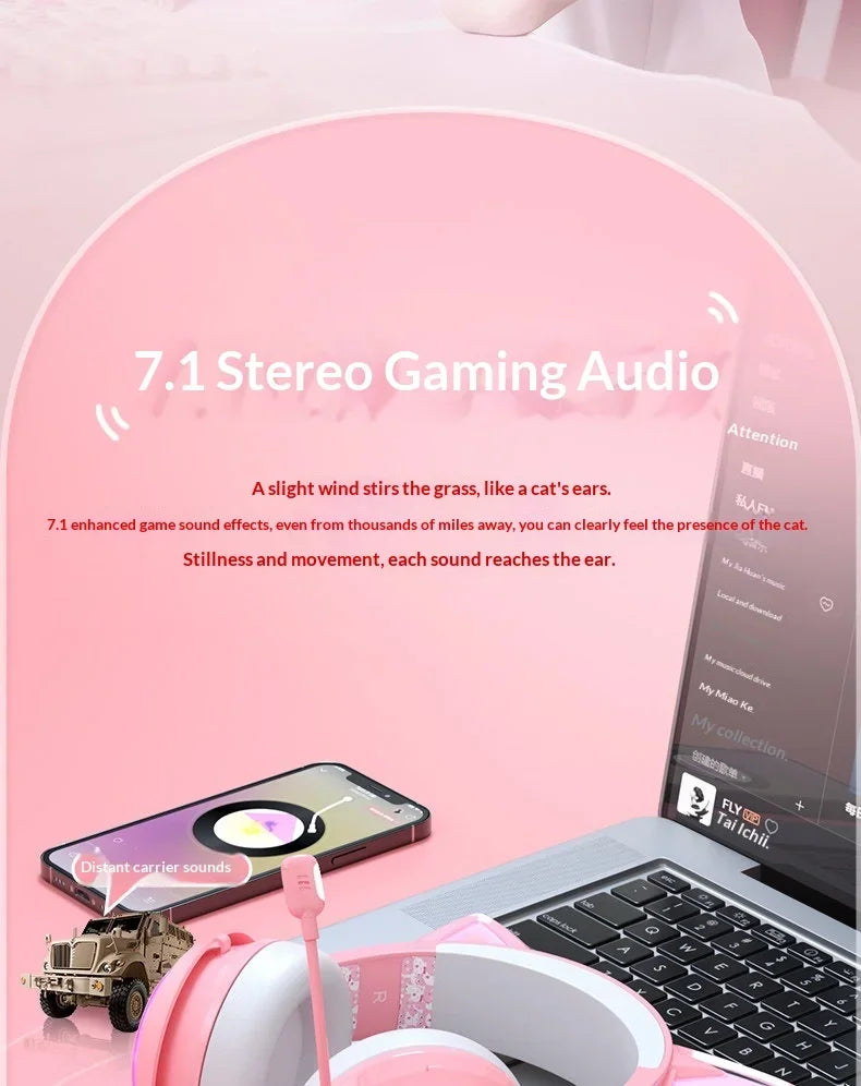 Somic GS510 Gamers Headphone With Microphone Cat Ears Rgb Light Colorful Cute Headset Noise Reduction Girl Gaming Earphones Gif