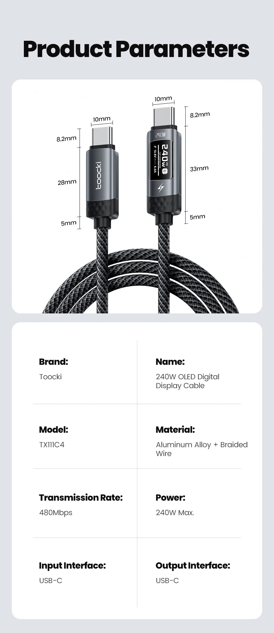 Toocki X111 240W USB C Cable Fast Charging PD3.1 OLED Digital Display Type C to Type C Cable For Macbook iPhone 17 Samsung S25