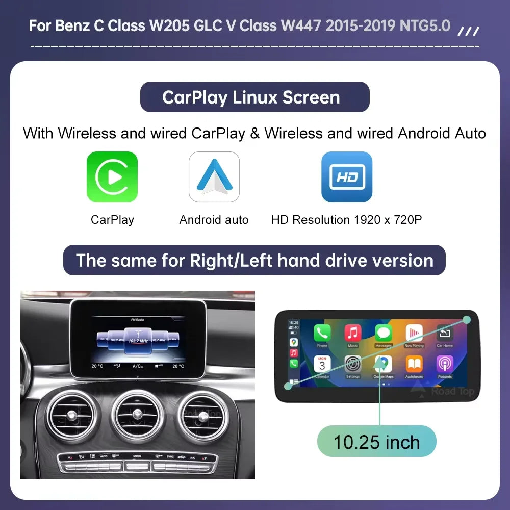 New 12.3" Linux Touch Screen for Mercedes Benz W205 GLC C V Class V447 GLA CLA NTG5.0 2015-2019 Wireless Carplay Android Auto