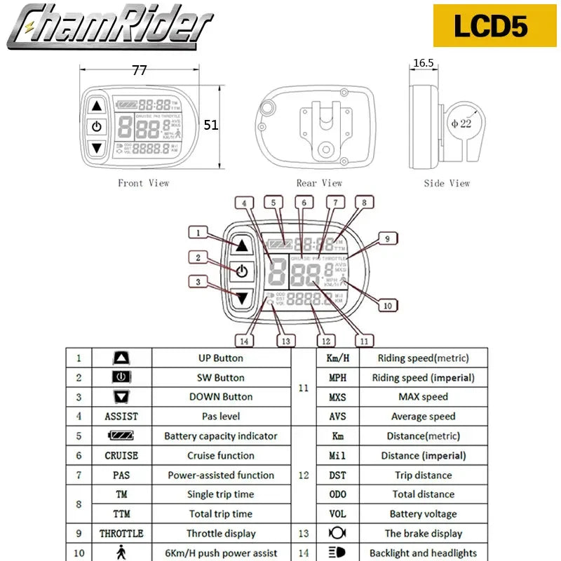 KT Intelligent LCD Display for Electric Bicycle, Bike Parts, KT Controller, LCD5, KLcd5, Control Panel, 24V, 36V, 48V