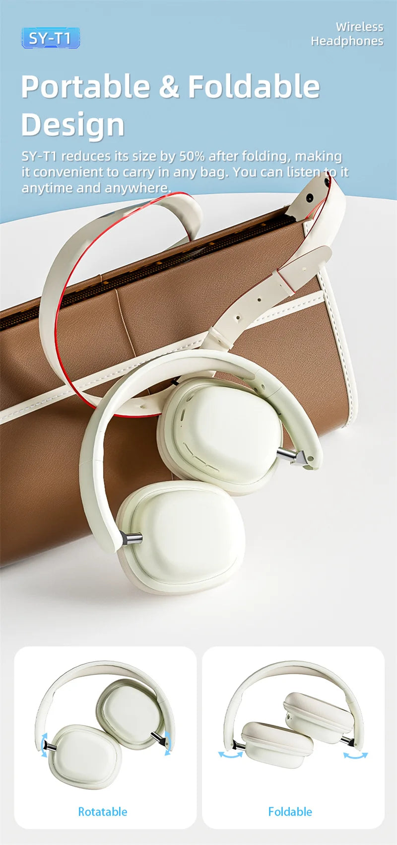 SY-T1 Foldable Wireless Headphones Lightweight Bluetooth 5.3 Earphone Pluggable Mic Stereo Music Game Headset For Friend Gifts