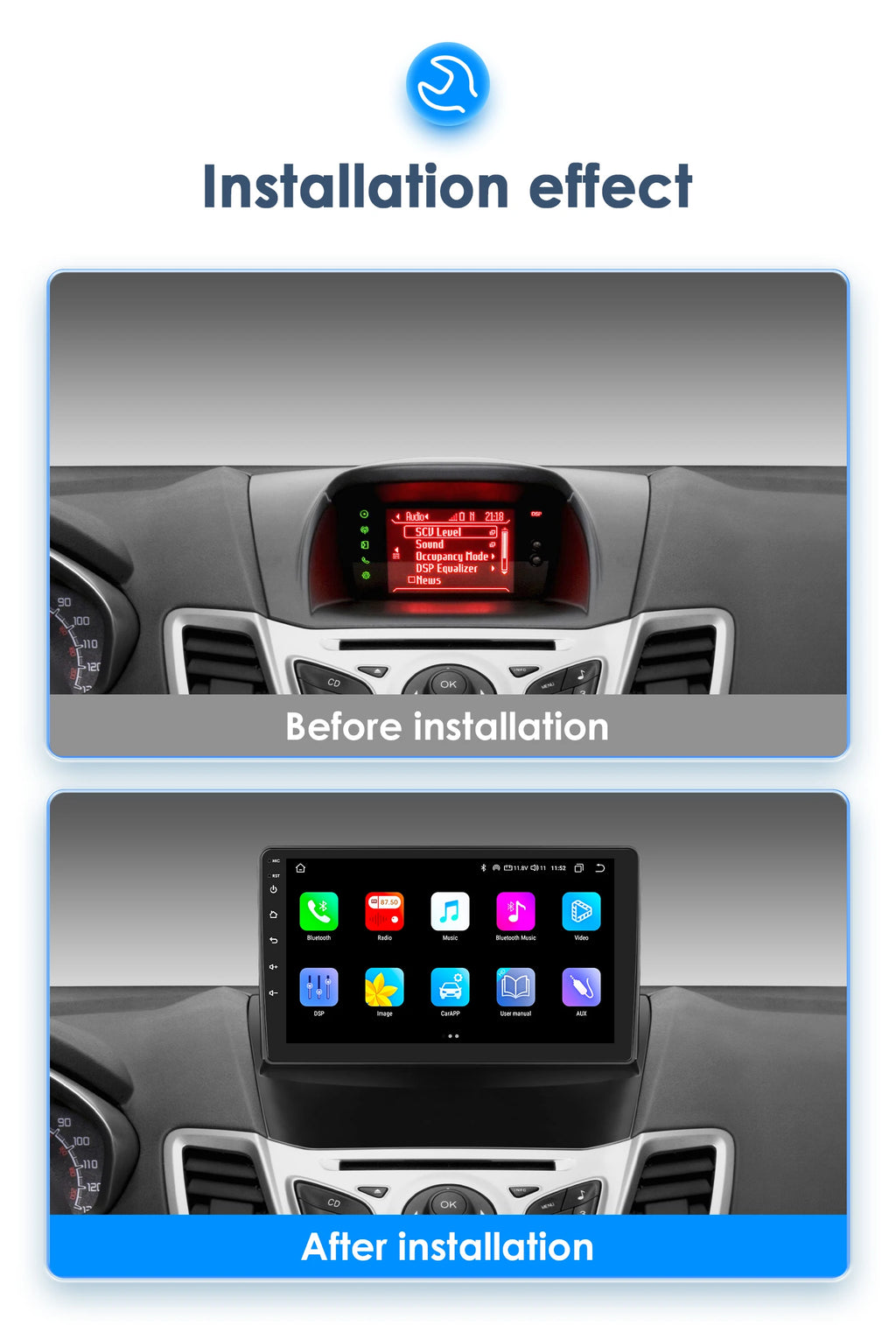 For Ford Fiesta Mk7 2009-2017 Wireless CarPlay for Apple Android Auto Car Radio GPS RDS WiFi 4G 8Core Multimedia Stereo 2din SWC
