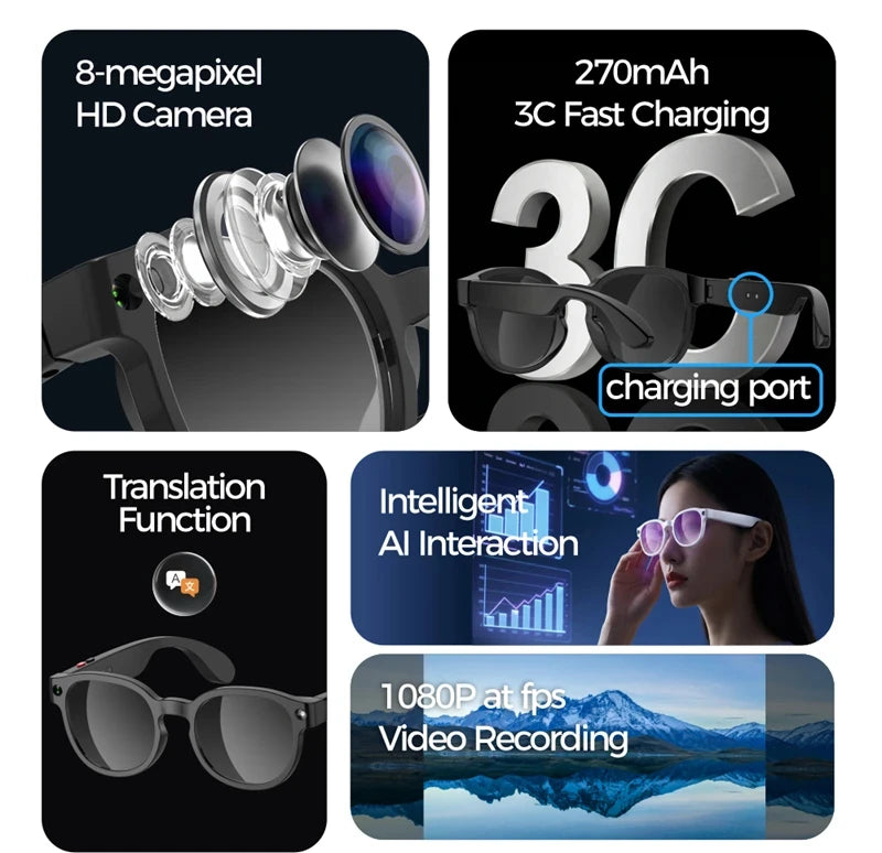Lenovo AI Smart Glasses 8MP HD Camera 8K Shooting Image AI Translation Bluetooth Call Recording Music Smart SunglassesGifts 2026