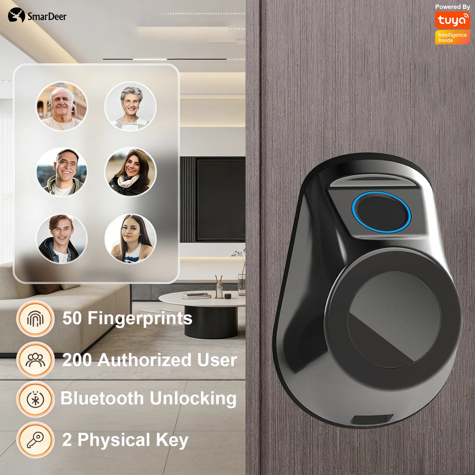 SmarDeer Electronic Lock for Tuya Smart Lock Keyless entry Digital Door Lock Smart Deadbolt with Fingerprint