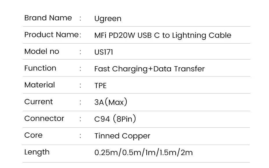 UGREEN MFi 20W PD USB C to Lightning Cable for iPhone 14 13 12 Pro Max Fast Charging for iPad Mini Phone Type C Cable