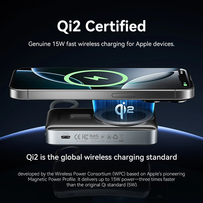 Vention Qi2 Magnetic 10000mAh 15W Power Bank PD 35W with Built-in C Cable Qi2-Certified for iPhone 17 Magsafe Charger Powerbank