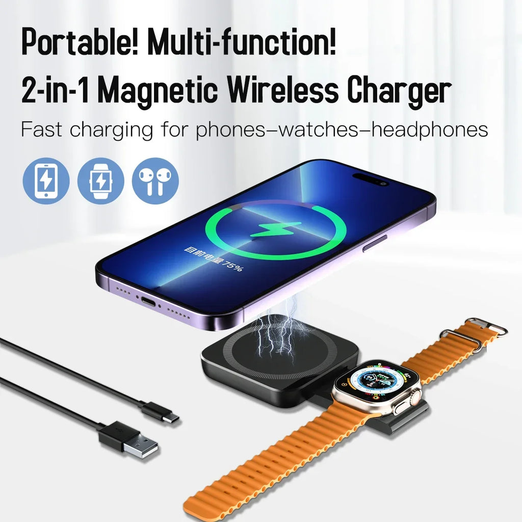 2 in 1 Foldable Magnetic Wireless Charger For Magsafe iPhone 16 15 14 13 12 Samsung Xiaomi Apple Watch 9-2 Airpods Fast Charging