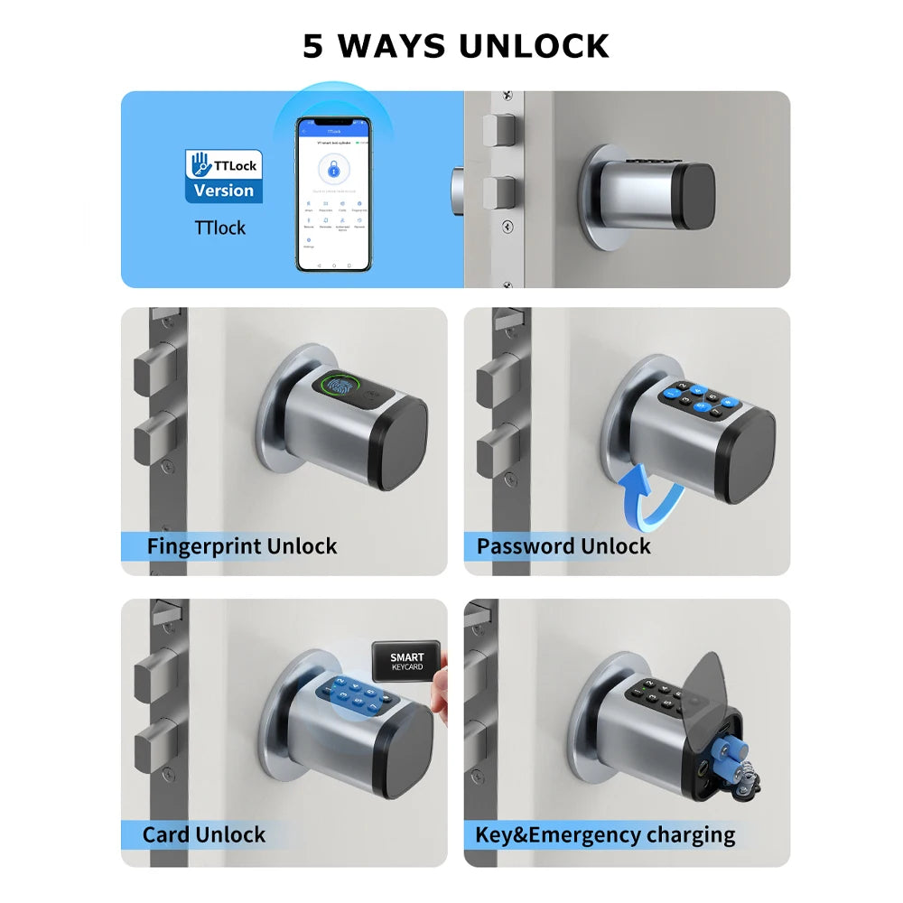 TTLock/ Tuya Bluetooth Smart Fingerprint Digital Cylinder Lock with APP/Password/RFID Card/Key unlock V1 Adjustable Length