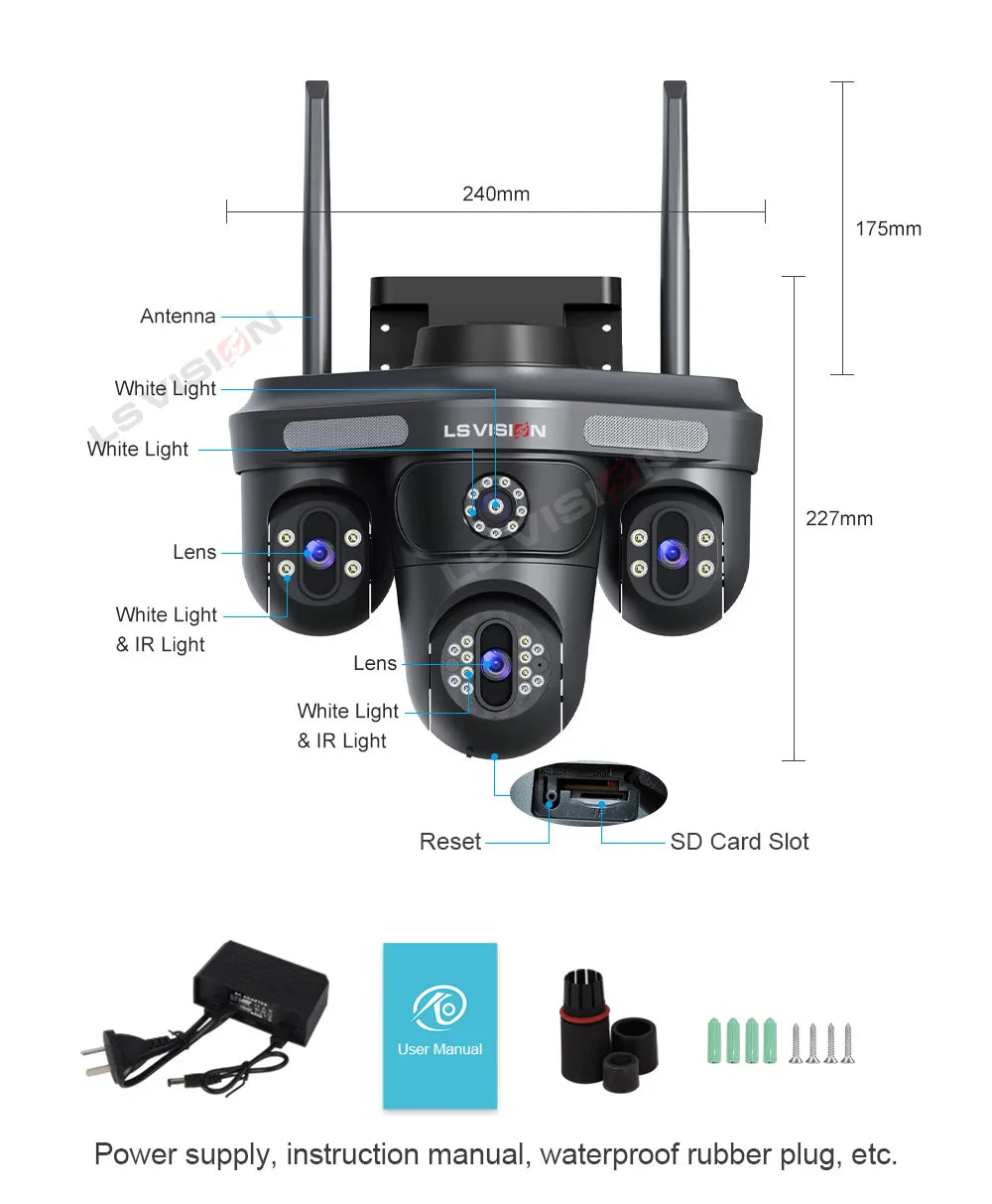 LS VISION 15MP Three Screens WiFi Security Camera Outdoor Three Lens Remote Rotation Color Night Vision Auto Tracking CCTV Cam