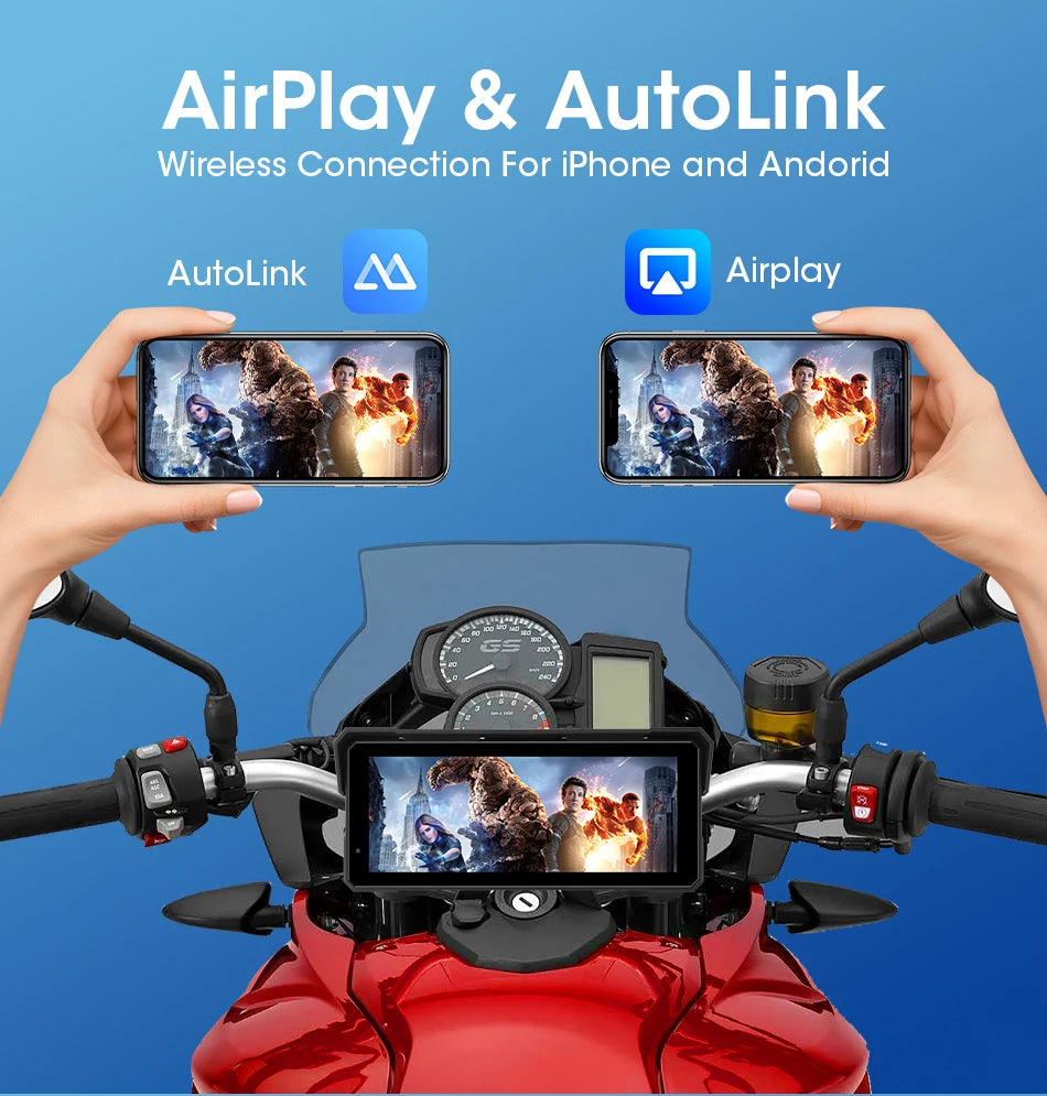 Jansite 8.1 Inch 4K Motorcycle CarPlay Screen 4K Dash Cam Wireless Android Auto Bluetooth GPS Navigation IPX7 Waterproof Display