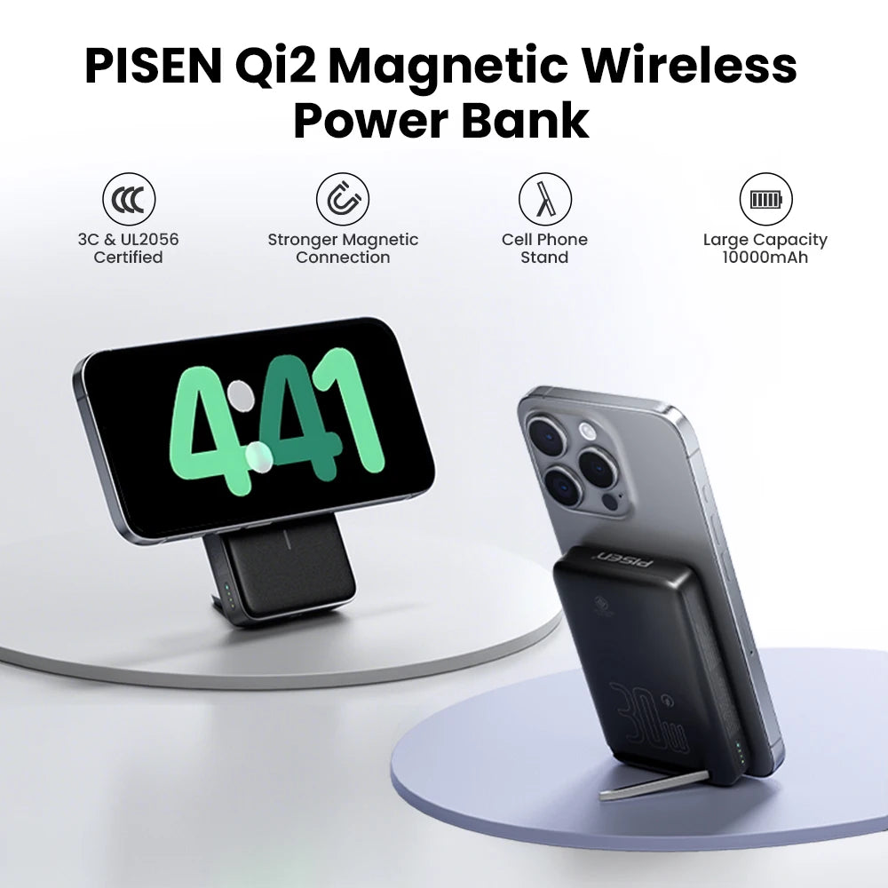 PISEN PD 30W Qi2 15W Wireless Magnetic Power Bank 10000mAh With Stand Fast Charging CCC Powerbank For MagSafe iPhone 17 16 15 14