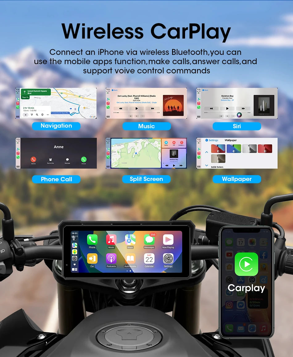 Jansite 8.1 Inch 4K Motorcycle CarPlay Screen 4K Dash Cam Wireless Android Auto Bluetooth GPS Navigation IPX7 Waterproof Display