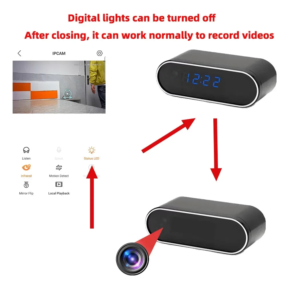 Improved 4KHD mini WiFi clock camera, supporting remote viewing, motion detection, infrared night vision, and home mini camera