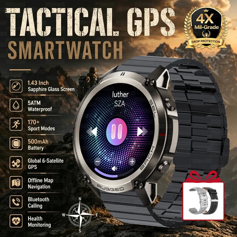 Outdoor Tactical GPS Smart Watch Offine Map Compass Heart Rate Monitor Fitness Tracker 5ATM Waterproof Adventure Sports Watches