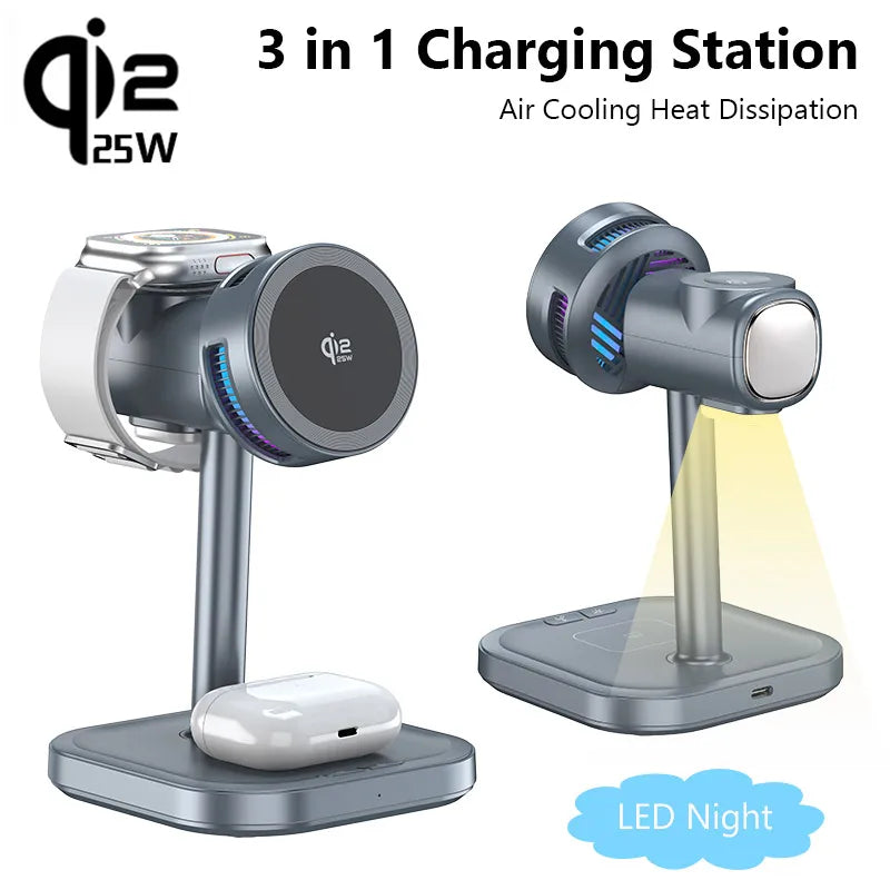 3 IN 1 Magnetic qi2 25W Wireless Charger Stand LED Light  Air Cooling Fast ChargingFor iPhone 17~12 Airpods Pro 3/2 Apple Watch