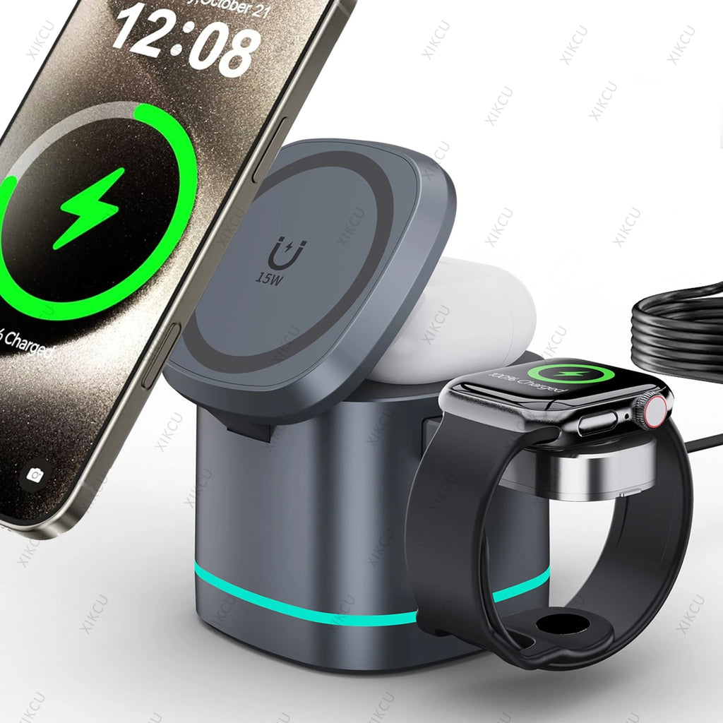 3 IN 1 15W Magnetic Wireless Charger Stand For Magsafe iPhone 17 16 Pro Max 15 14 13 12 Apple Watch 11 Airpods Pro Fast Charging