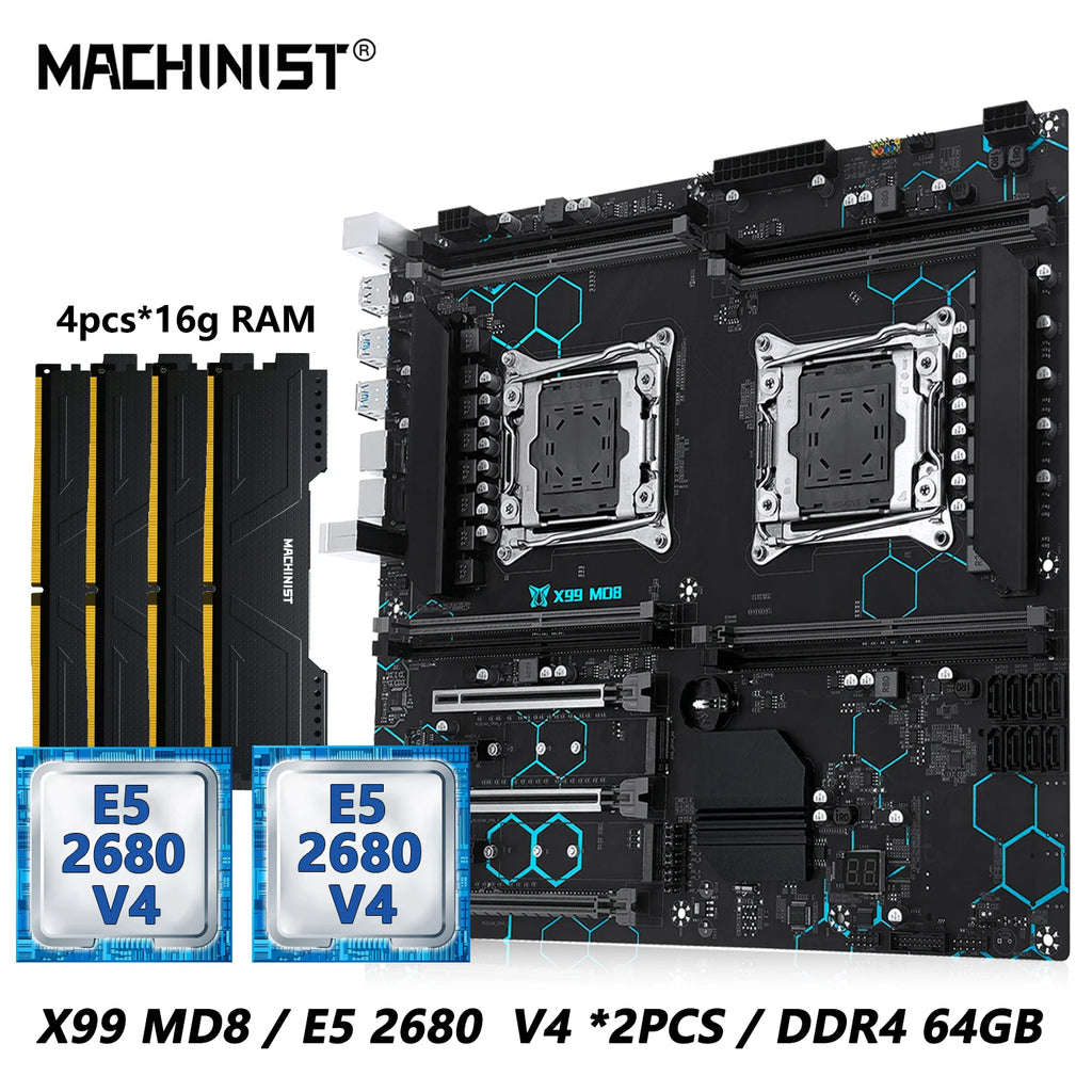 MACHINIST X99 MD8 Dual CPU Motherboard Optional  Kit Set lntel Xeon E5 2680 V4 LGA2011-3 DDR4 32GB RAM C612 chip Server Computer