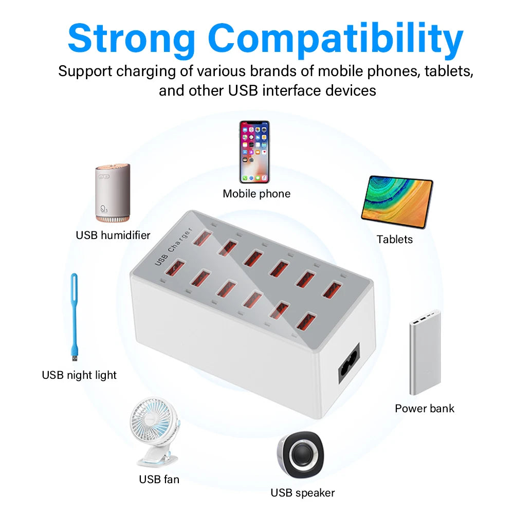 EU US UK AU Wall Desktop Power Adapter USB Charger Station Dock For Mobile Phone iPad Macbook Laptop 5V 2.4A 12 Ports Multi Plug