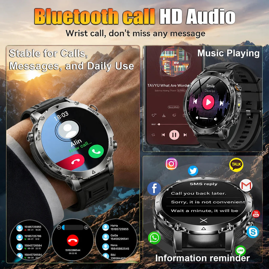 2026 New Military TANK SmartWatch Bluetooth call 10ATM Waterproof 1400mAh Battery Heart rate monitoring Outdoor Sports Watch Men