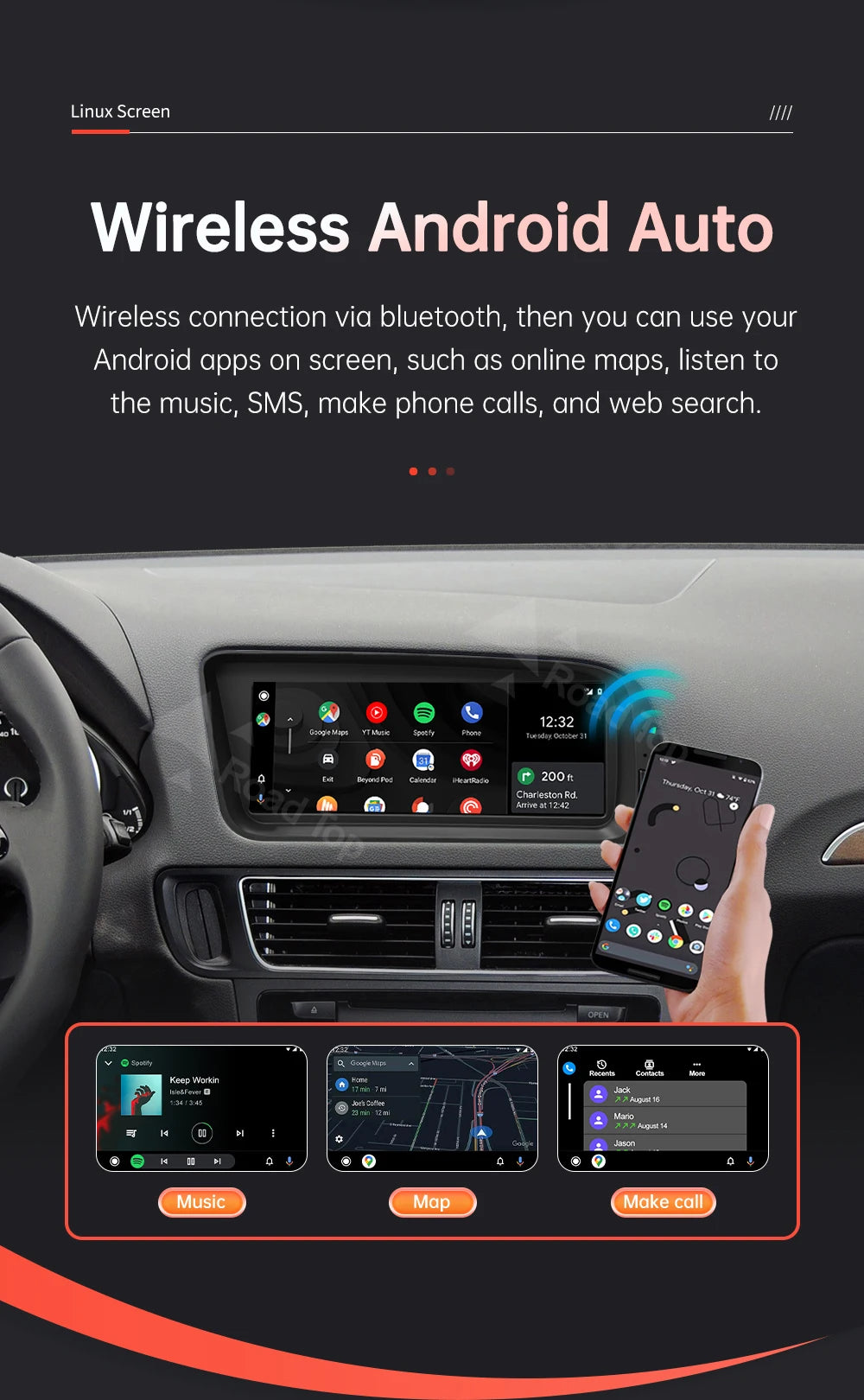 1920*720 RoadTop Linux Touch Screen Multimedia Display For Audi Q5 2009-2017 With Wireless CarPlay Android Auto Airplay Autolink