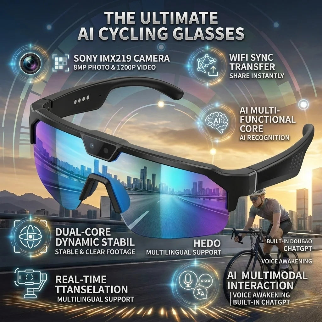 2026 New AI Sport Cycling Smart Glasses 80MP Camera 1200P HD Video Bluetooth 5.3WiFi Open Ear Riding Speaker Real-Time Translate