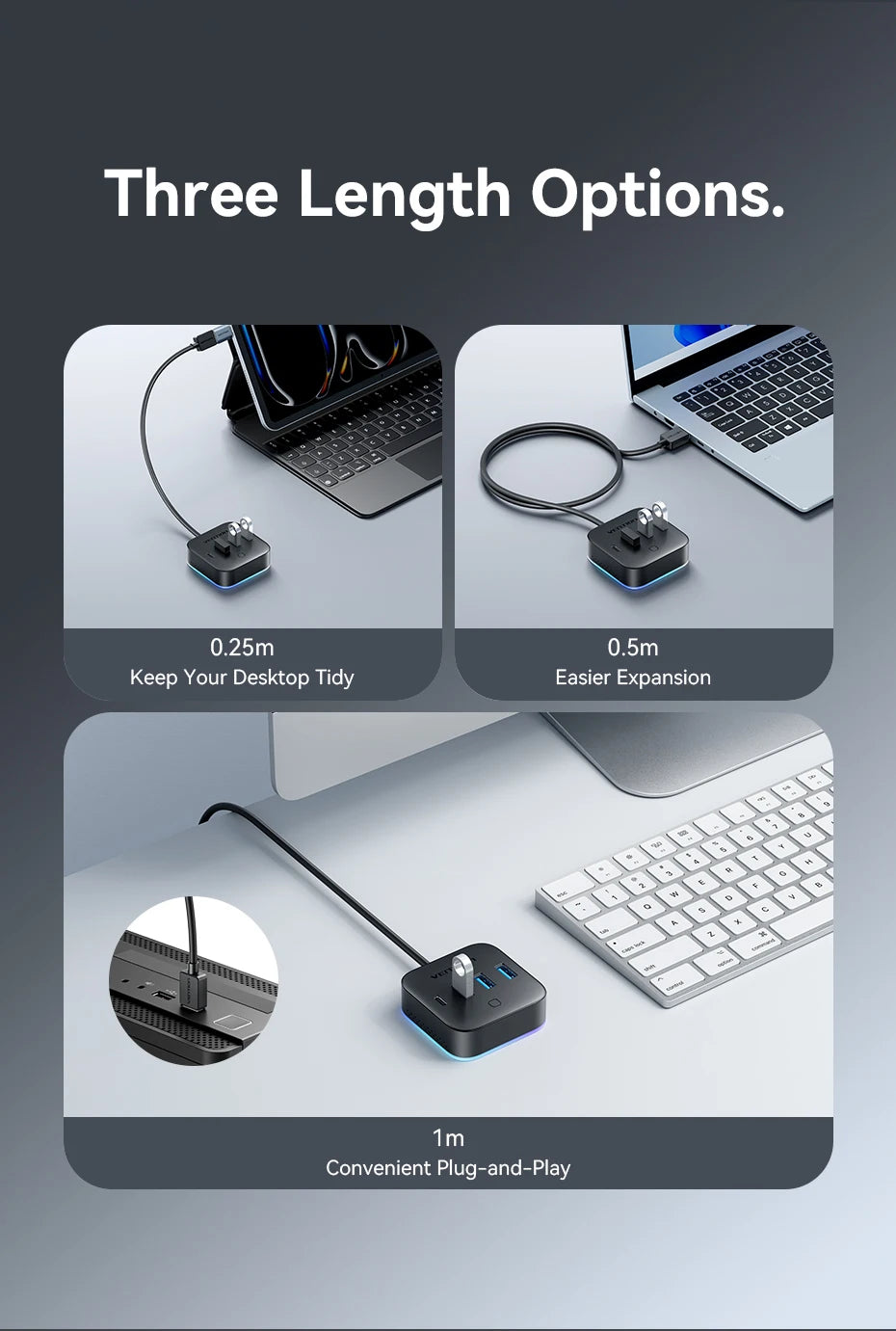 Vention USB A 3.0 HUB RGB Light Switch USB C 3.2 Gen1 5Gbps Desktop Hub Adapter for PC Laptop Accessories USB Splitter Extender