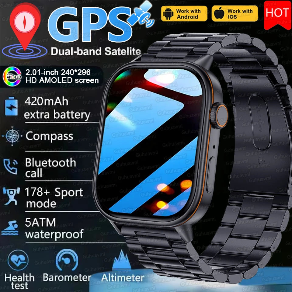 New For Android iOS Outdoor GPS SmartWatch Men 2.01" HD AMOLED Compass 420mAh 178+Sport Mode Waterproof Bracelet Smartwatch 2026