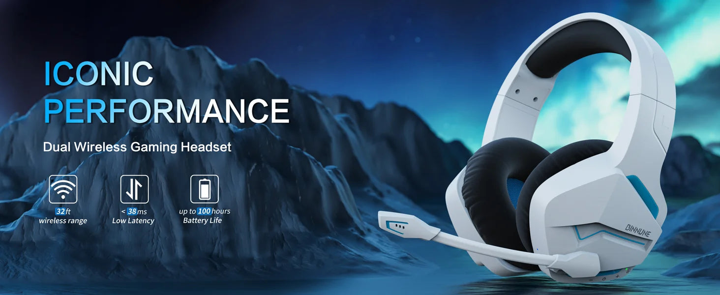 BINNUNE 2.4GHz Wireless Gaming Headset Bluetooth 5.3 Gaming Headphone with Noise Canceling Mic Multi-Platform for PS5/PS4/Switch