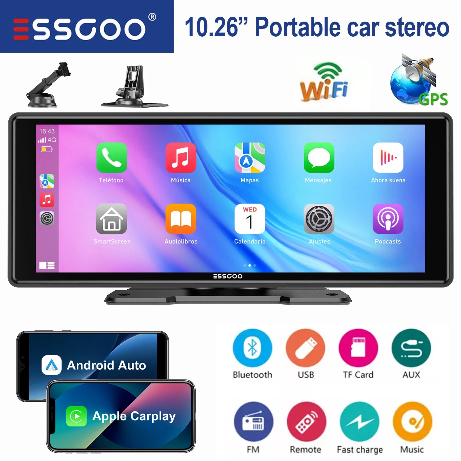 ESSGOO 10.26" portable universal car stereo Radio HD Tour screen GPS Navi WIFI Apple carplay Android auto BT MIrror link AUX FM