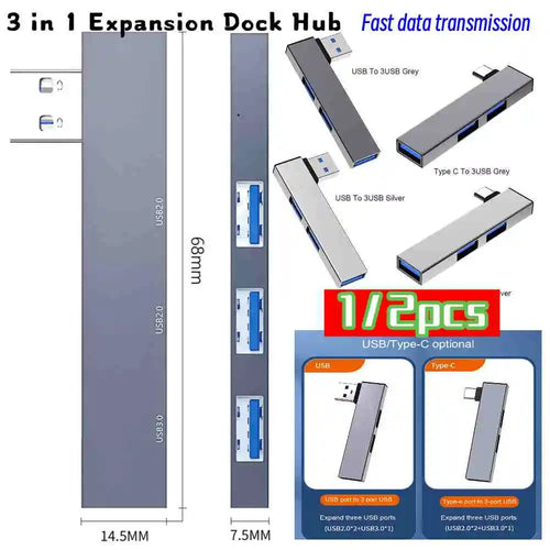 1/2PCS 3 in 1 USB HUB OTG USB 3.0/Type-C 3.0 To 3 USB USB Splitter Hub Speed 5.0Gbps 3 Port Type C HUB for PC Laptop Computer