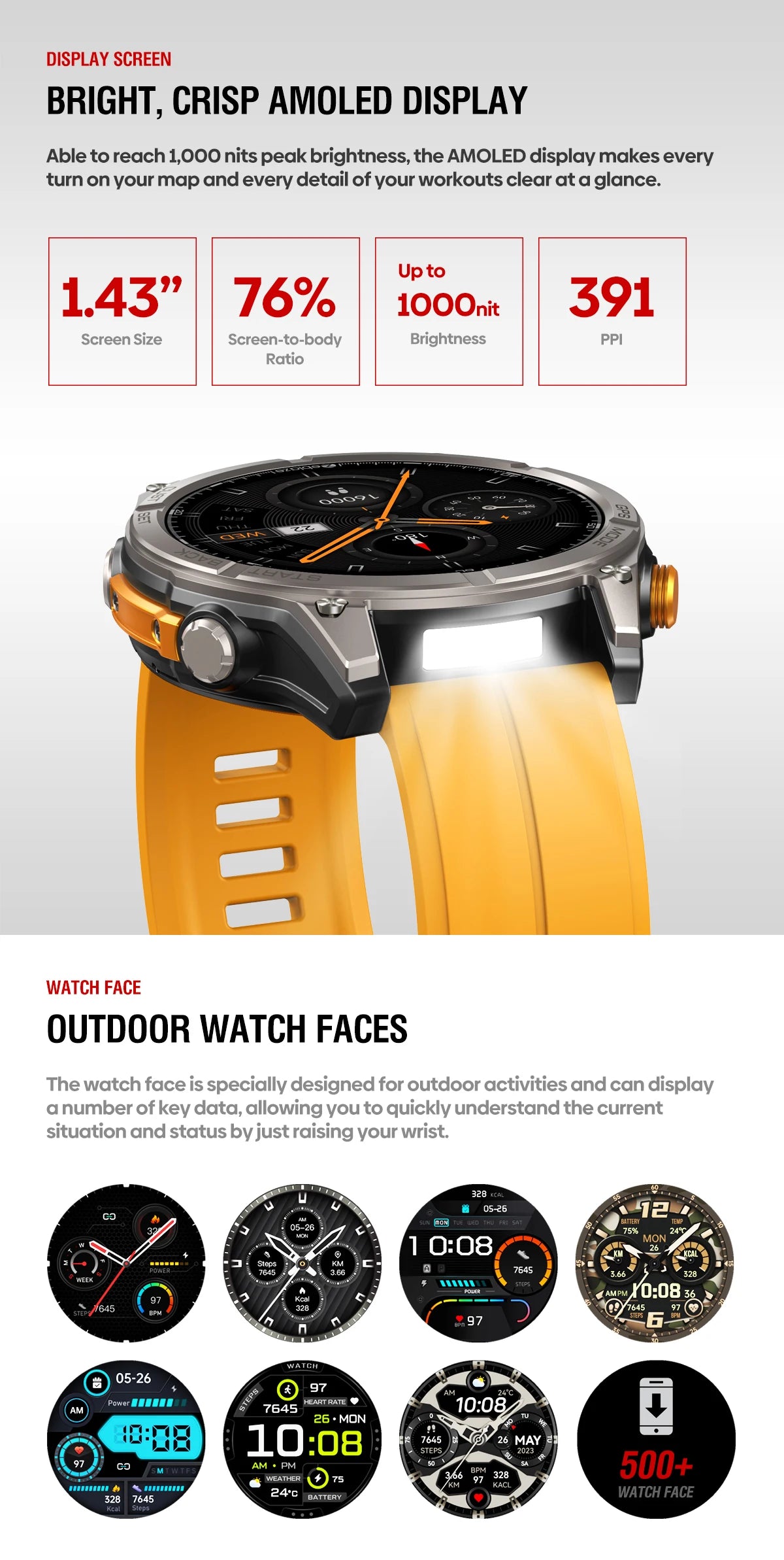New Zeblaze Stratos 4 GPS Smart Watch 1.43'' AMOLED Display Built-in Flashlight Compass Barometric Altimeter 5 ATM Smartwatch