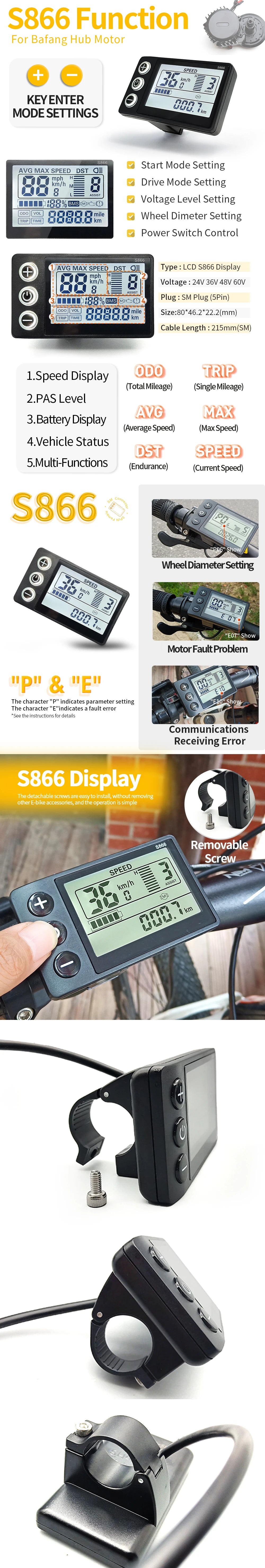 E-bike Bafang LED S866 Display for BBS01/BB02/BBSHD Bafang Mid Motor with 5 Pin Female Plug for Electric Bicycle Conversion