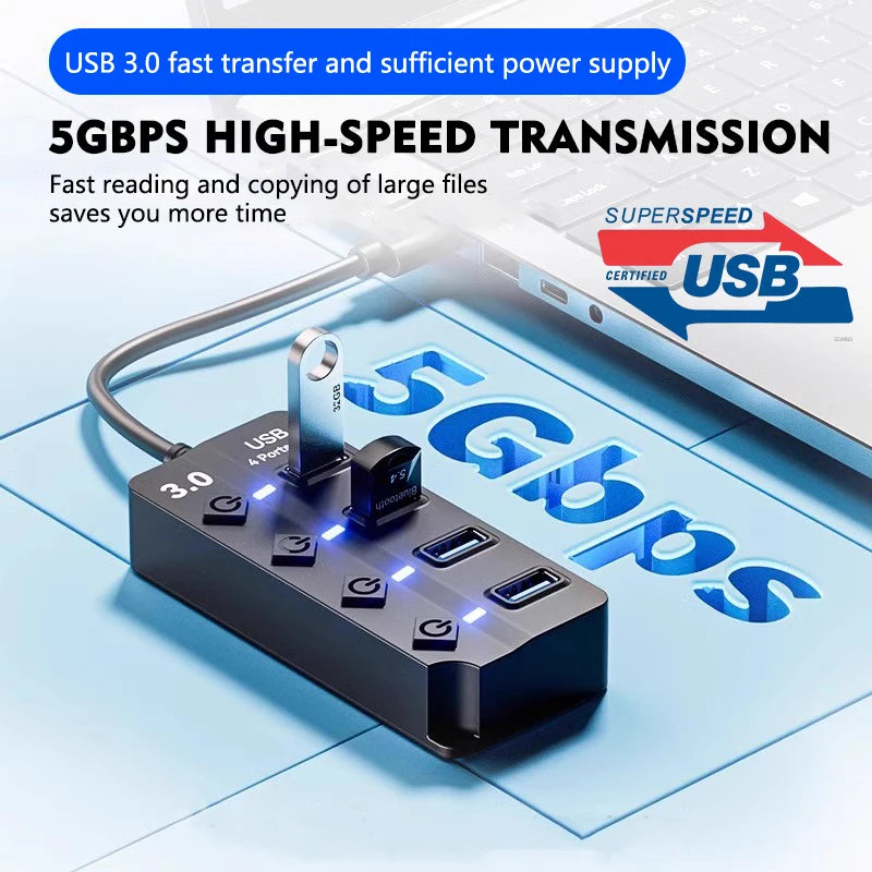 JUMPEAK 4 Port 7 Port USB Hub USB3.0 Expander Docking Station Splitter With Power Adapter With Switch For Laptop PC Multi-Device
