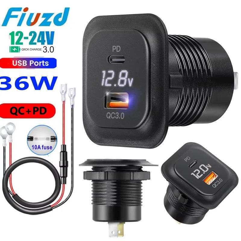 12/24V USB C Outlet Panel Cigarette Lighter Socket Dual USB Car Charger Socket Adapter QC 3.0 Car Fast Charge for Bus RV Boat