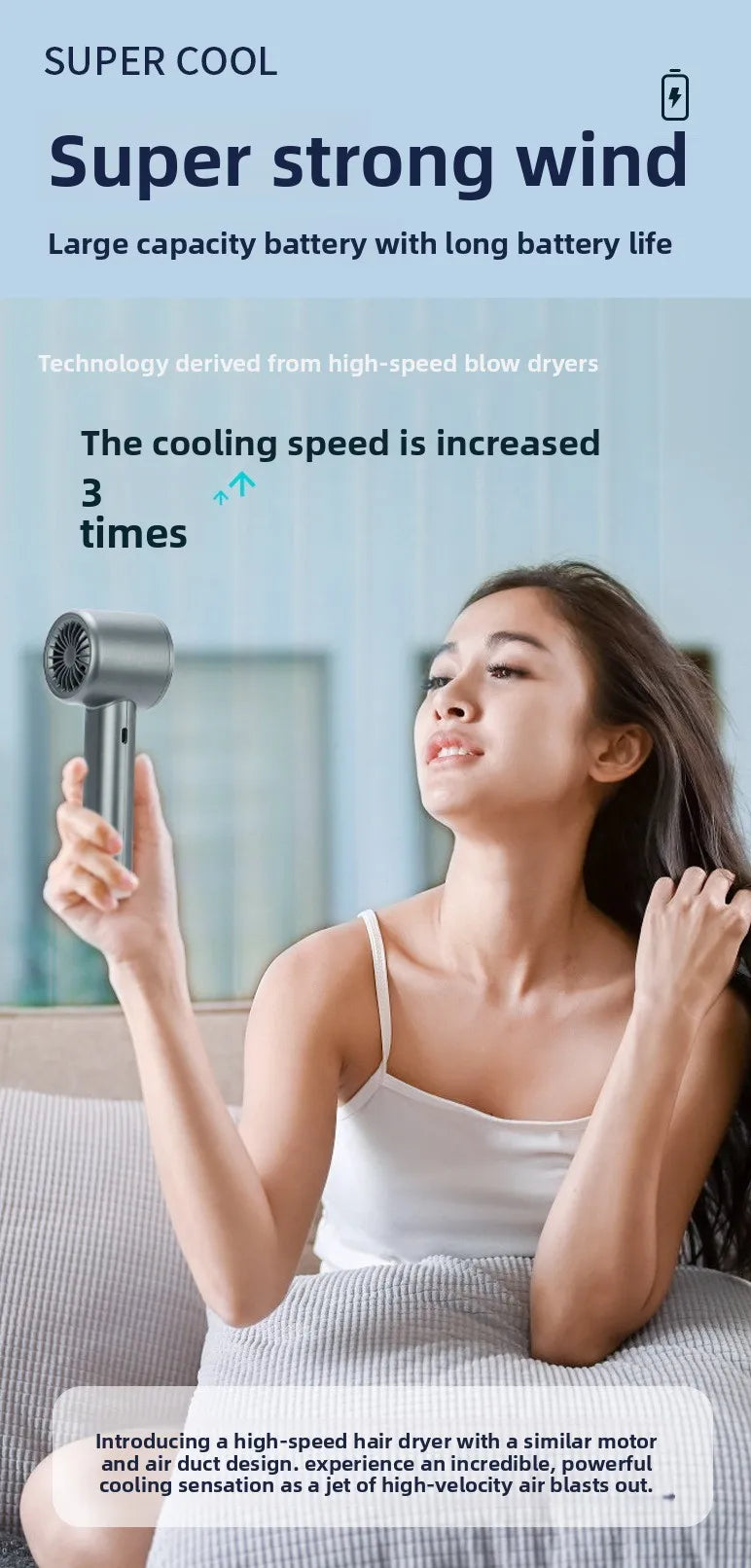 Handheld Fan High-Speed Portable Turbofan USB Rechargeable Electric Fan Digital Display 120 Speeds Infinitely Adjustable