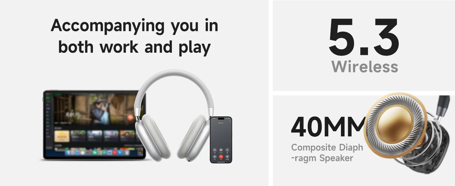 Wireless Bluetooth Gaming Headset Over Ear with Mic, Deep Bass Stereo Audio Headphones for PC Mobile Music