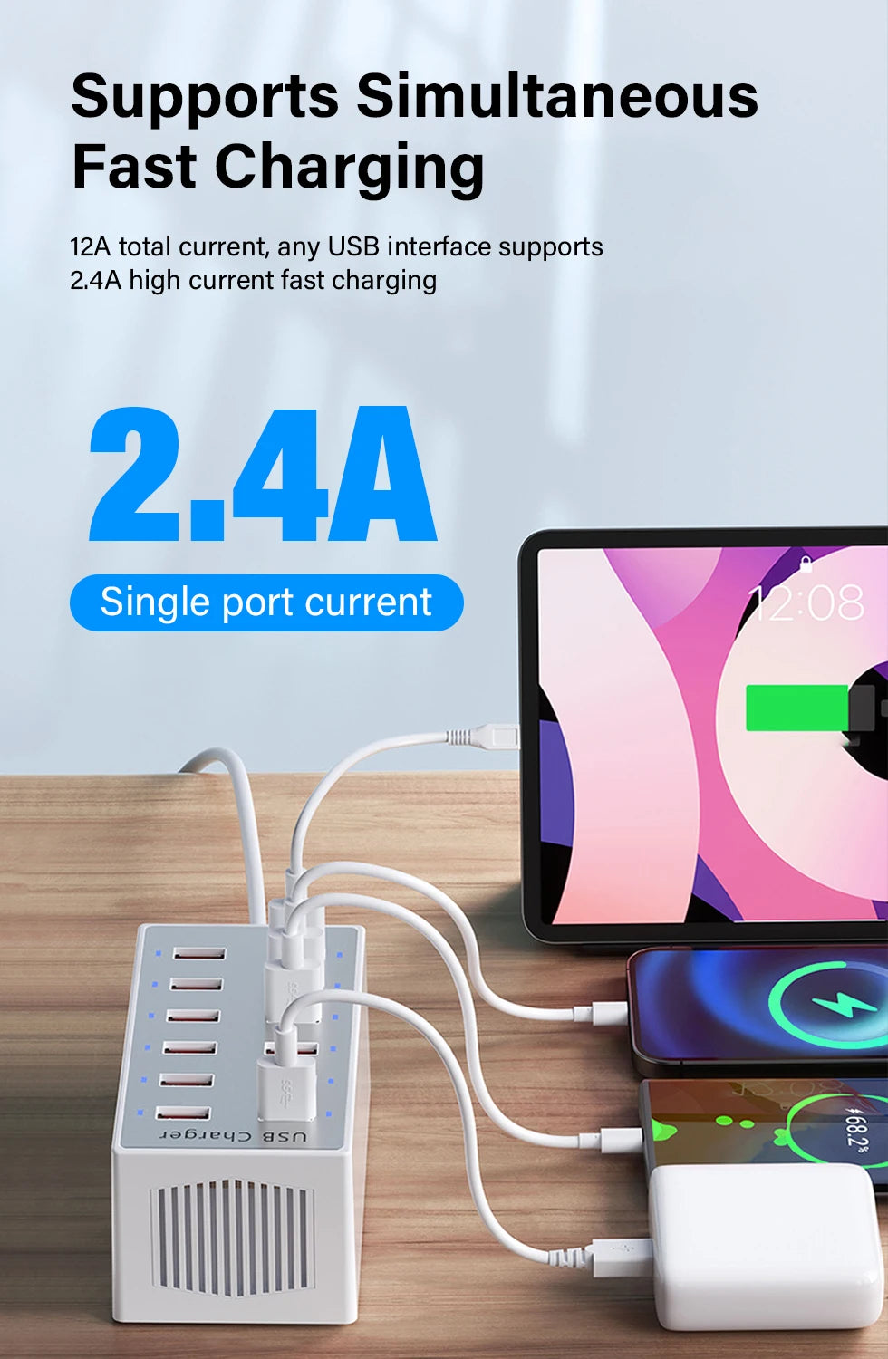 EU US UK AU Wall Desktop Power Adapter USB Charger Station Dock For Mobile Phone iPad Macbook Laptop 5V 2.4A 12 Ports Multi Plug