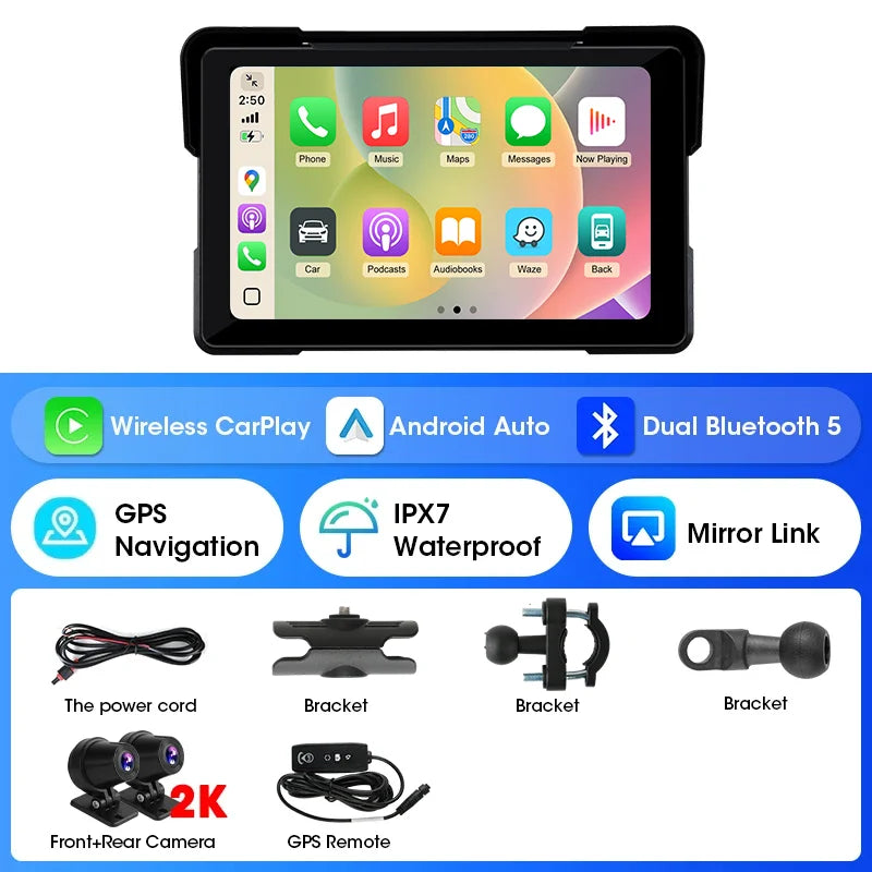 Jansite 5/7 inch Motorcycle Carplay Screen GPS Navigation Wireless Carplay Android Auto Dual Bluetooth IPX7 Waterproof Display