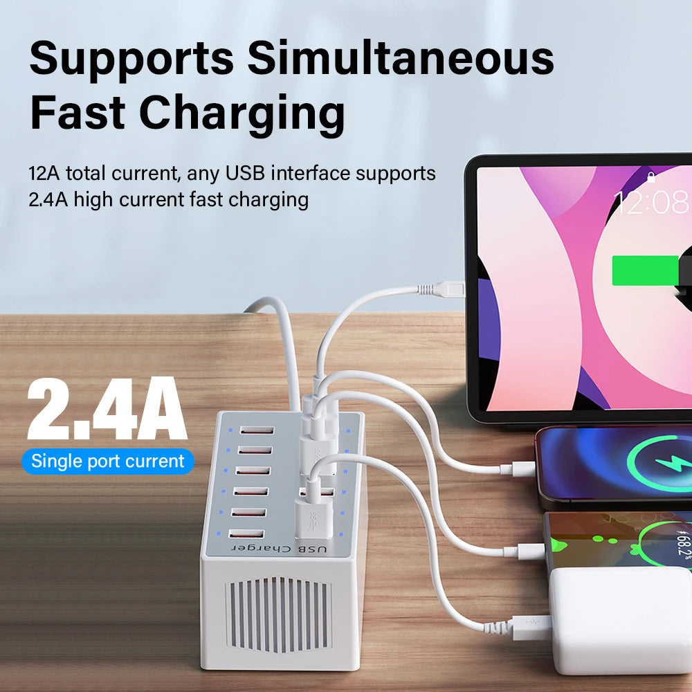 EU US UK AU Wall Desktop Power Adapter USB Charger Station Dock For Mobile Phone iPad Macbook Laptop 5V 2.4A 12 Ports Multi Plug