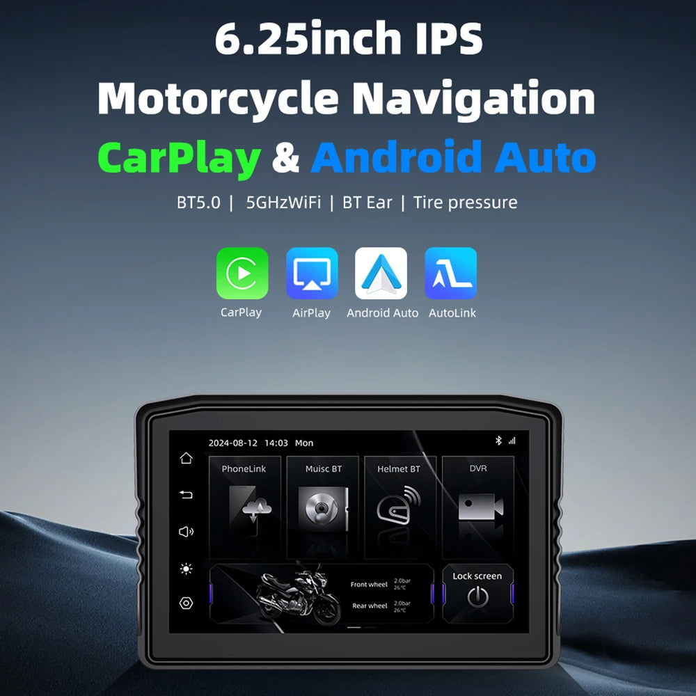 EKIY 6.25" Portable Digital Dashboard Anti Theft Removable Screen Wireless CarPlay Moto Android Auto GPS Motorcycle Navigation