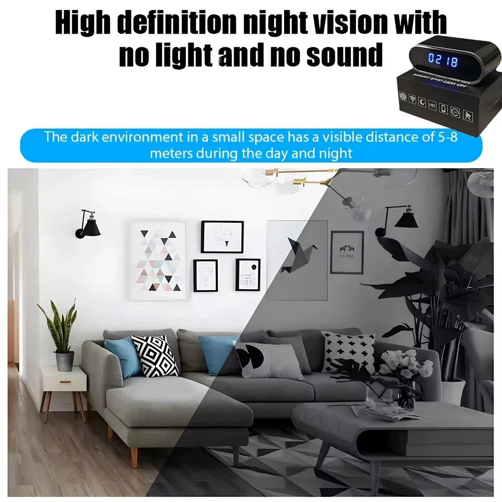 Improved 4KHD mini WiFi clock camera, supporting remote viewing, motion detection, infrared night vision, and home mini camera