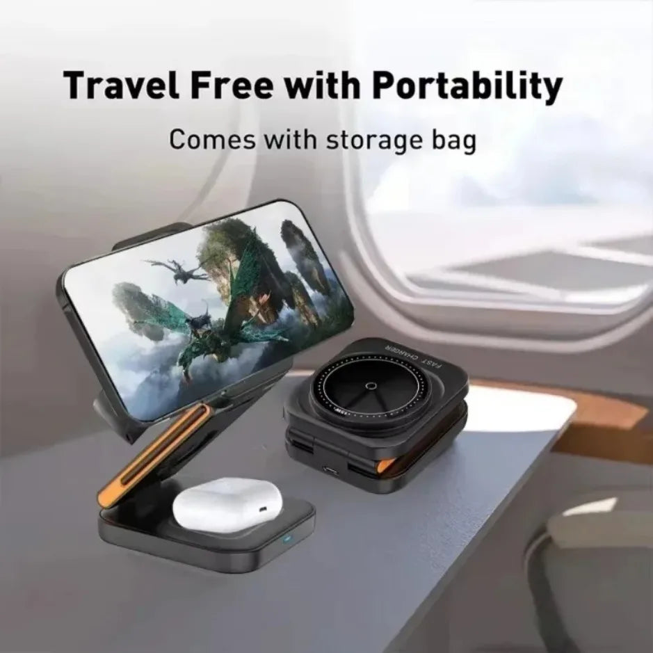 XIKCU 3 in 1 Foldable Charging Station Fast Magnetic Wireless Charger Stand for iPhone 16-12 Apple Watch 9 8 7 6 Airpods Pro