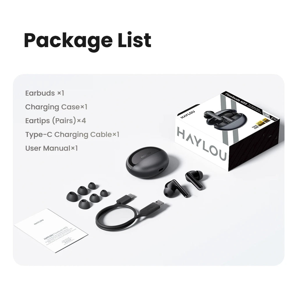 HAYLOU Flowbuds N55 Wireless Earbuds 54dB Adaptive ANC Bluetooth 6.0 LDAC Hi-Res Audio 6-Mic HD Call Earphones 40H Playback IPX5